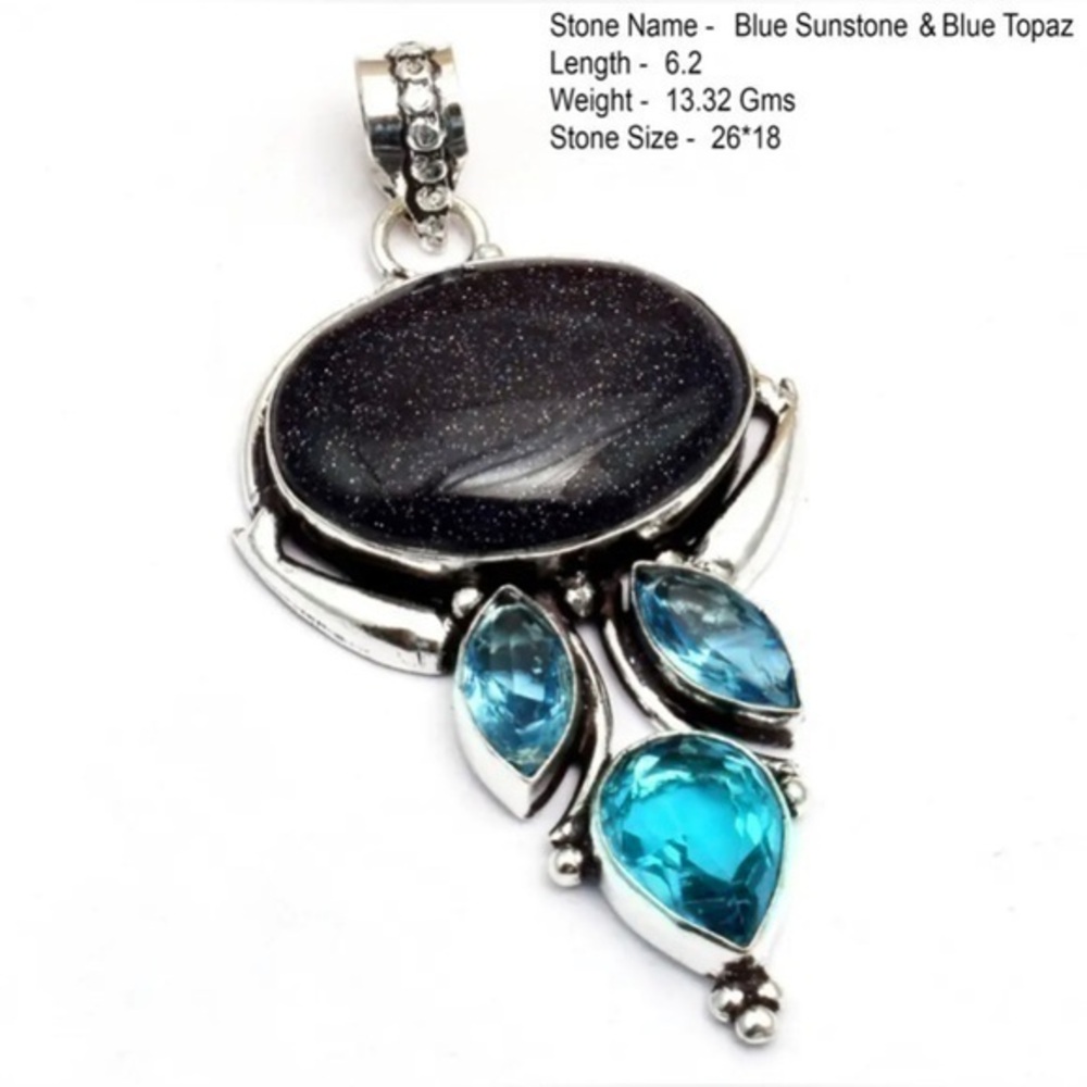 Blue Sunstone and Blue Topaz 925 Silver Overlay Pendant